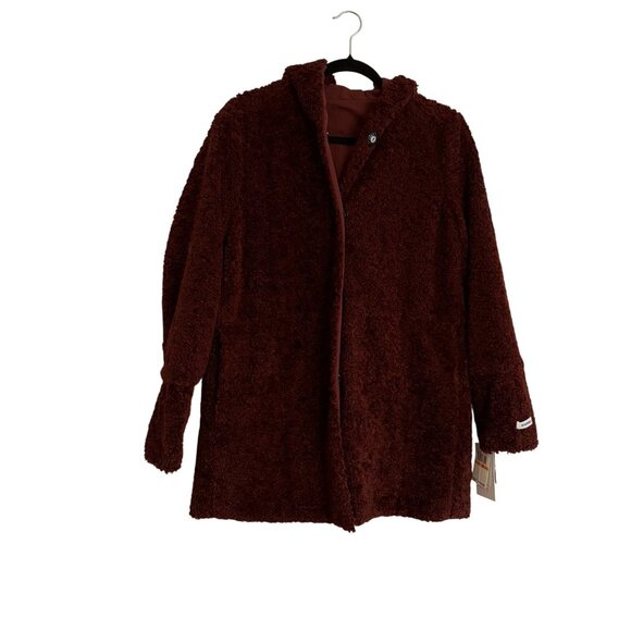 Jane Post Women S Dark Red Faux Fur Snap Front Hooded Reversible Teddy Coat NWT - Picture 1 of 14